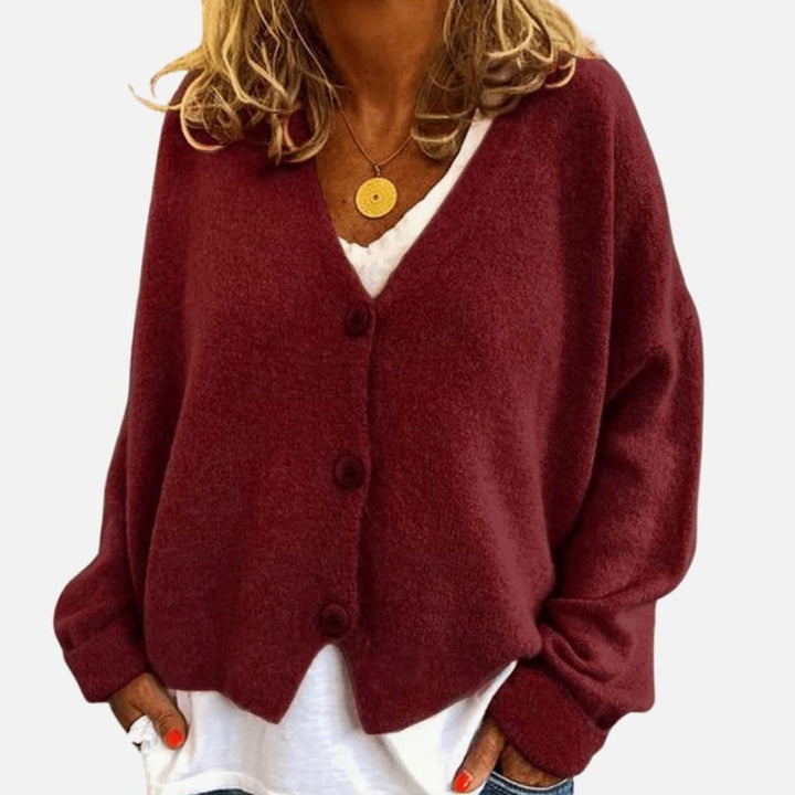 Women's Relaxed Drop-Shoulder V-Neck Button Cardigan - Burgundy