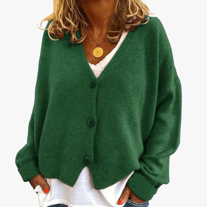 Women's Relaxed Drop-Shoulder V-Neck Button Cardigan - Dark Green