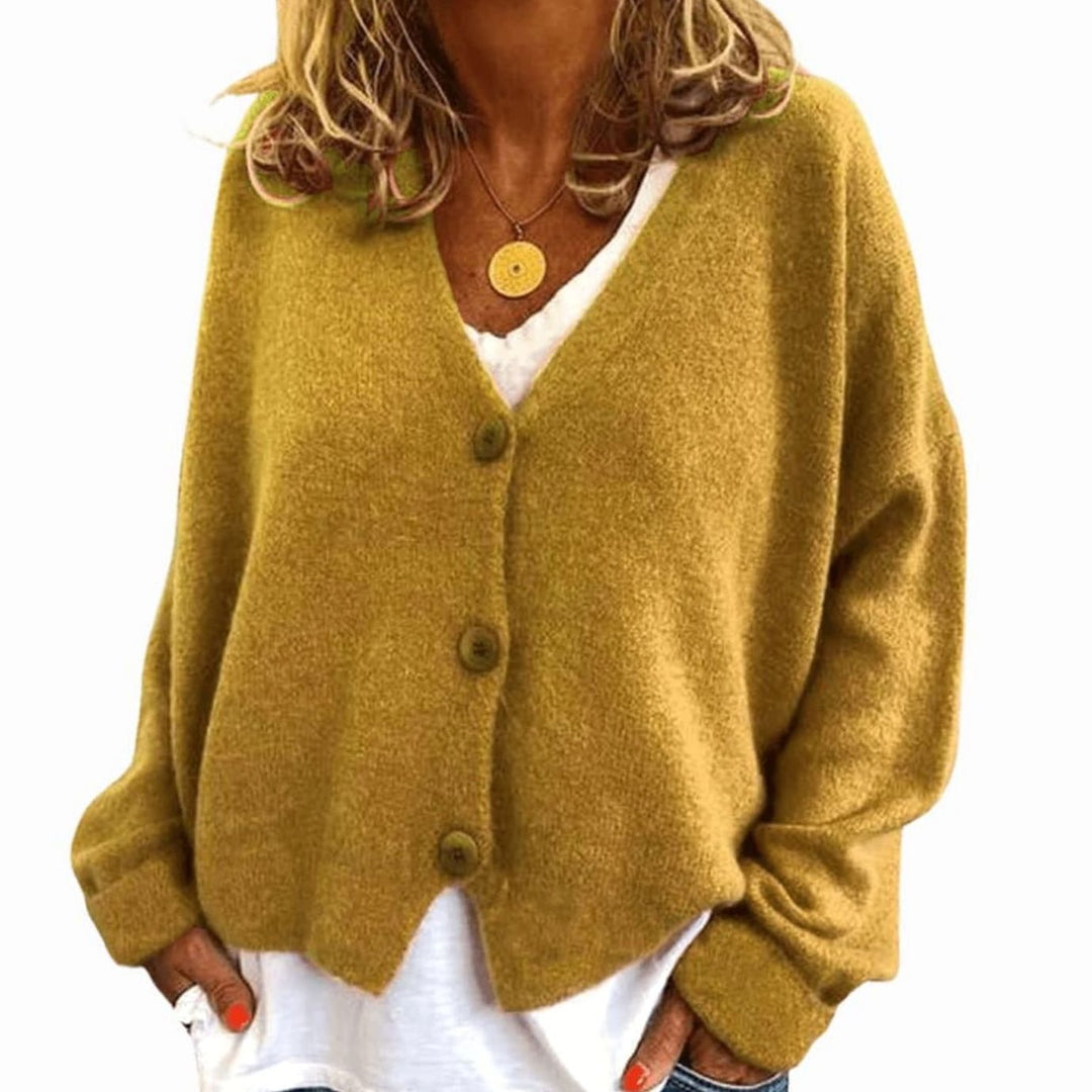 Women's Relaxed Drop-Shoulder V-Neck Button Cardigan - Mustard