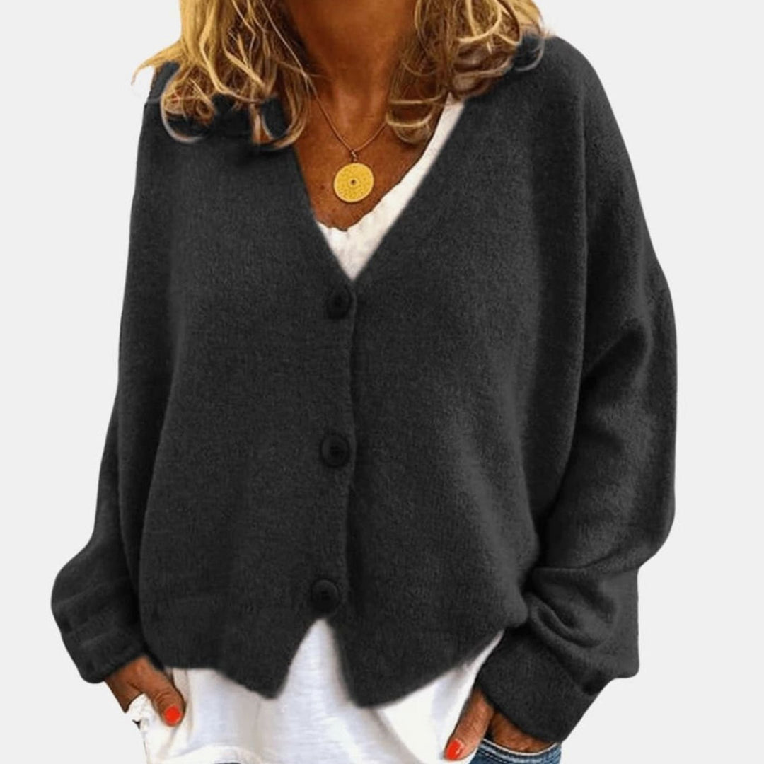 Women's Relaxed Drop-Shoulder V-Neck Button Cardigan - Black