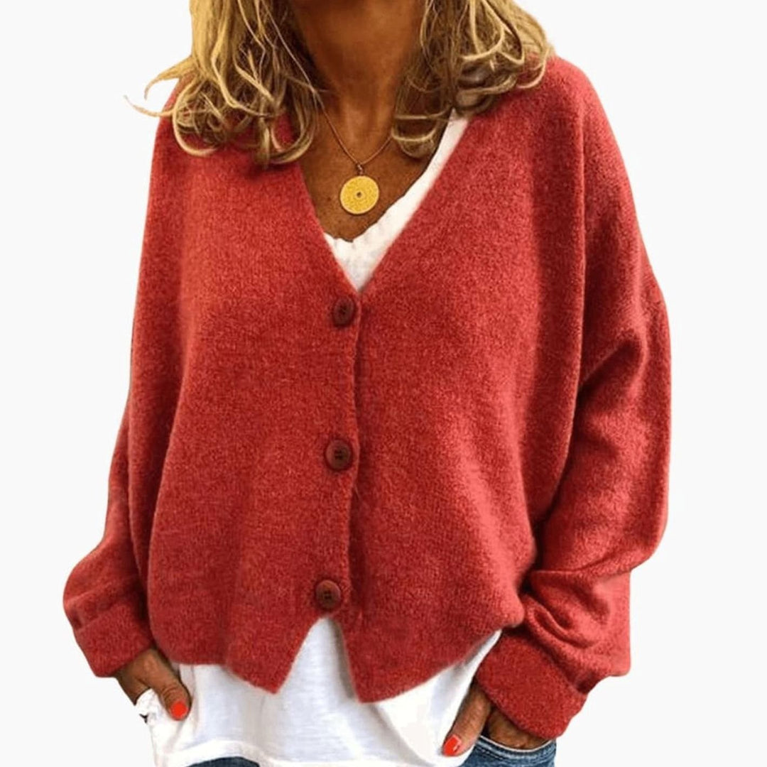Women's Relaxed Drop-Shoulder V-Neck Button Cardigan - Rust