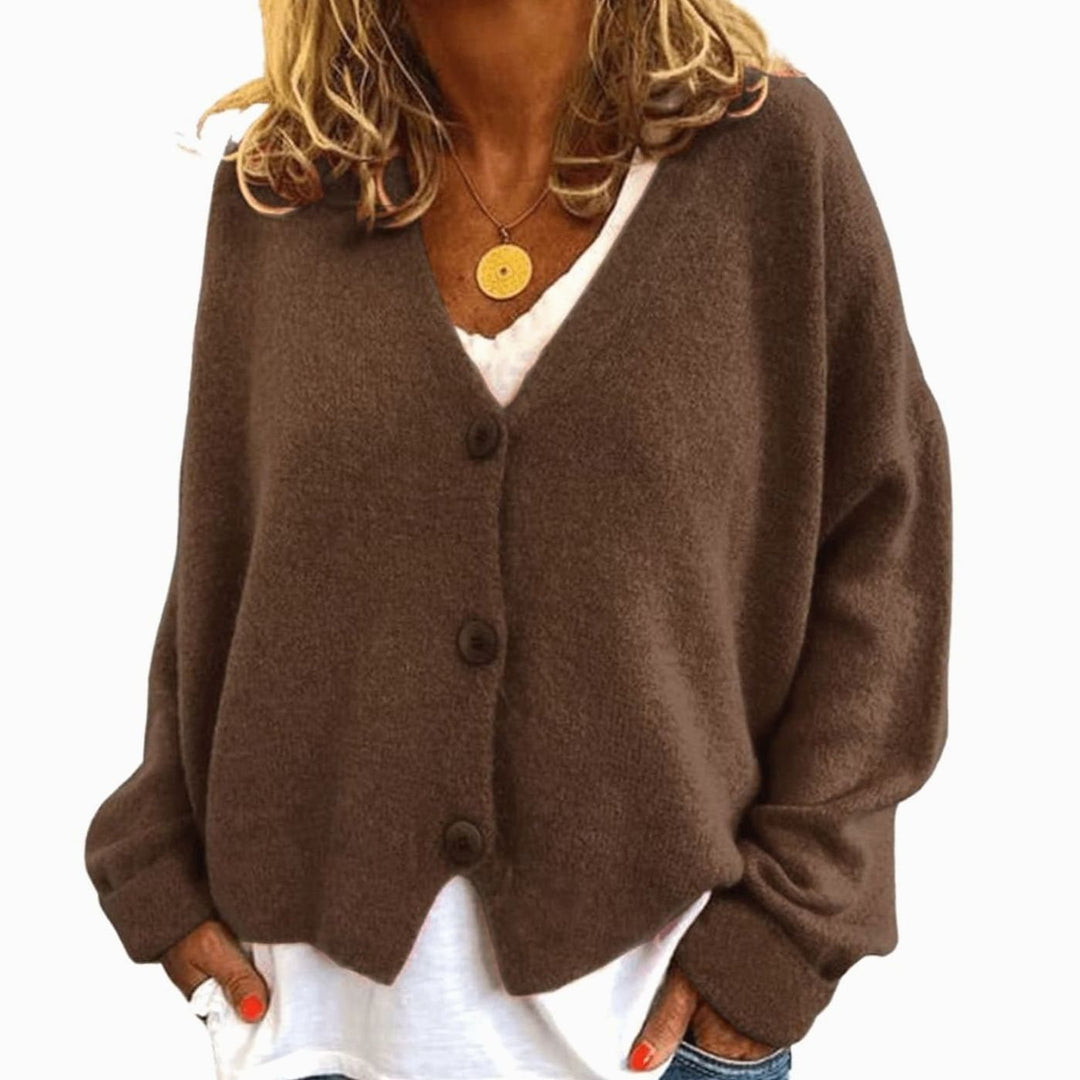 Women's Relaxed Drop-Shoulder V-Neck Button Cardigan - Brown