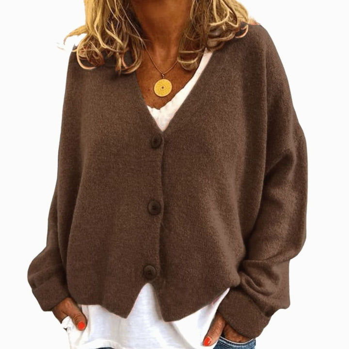 Women's Relaxed Drop-Shoulder V-Neck Button Cardigan - Brown