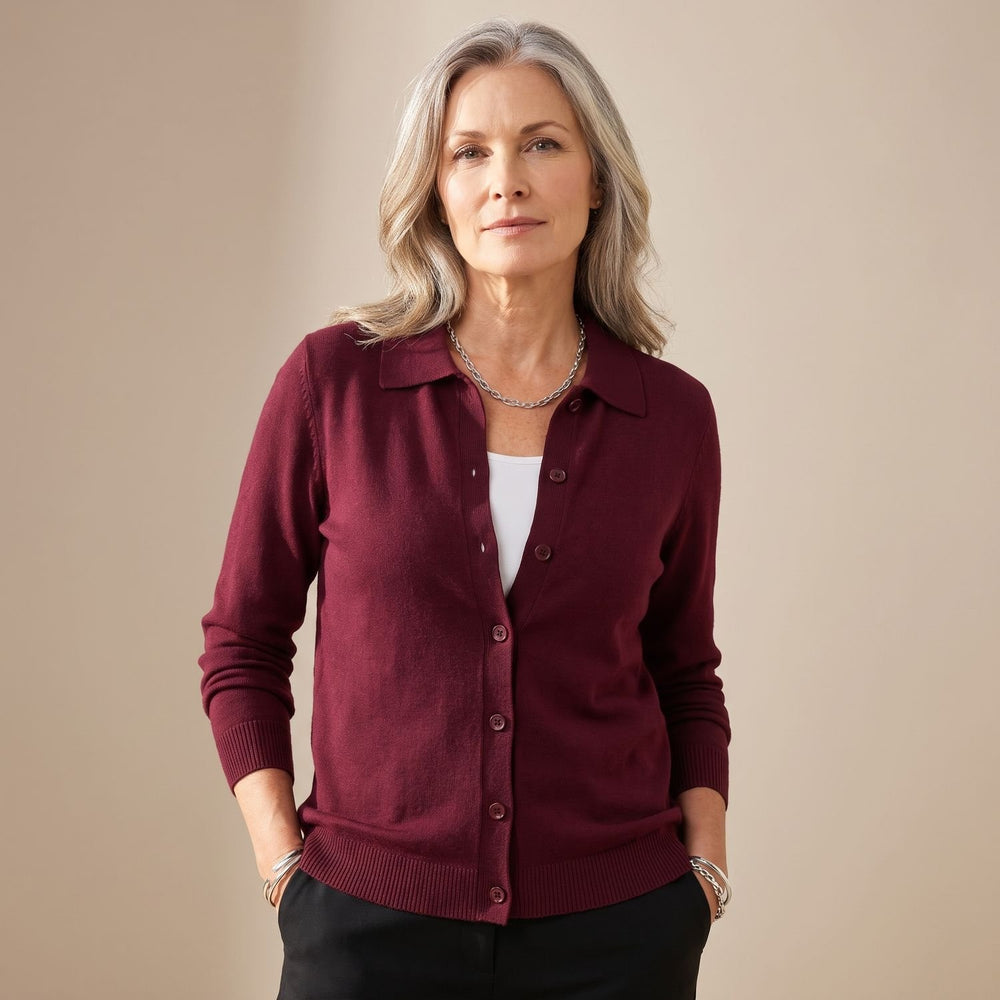 Women's Relaxed-Fit Button-Front Collared Knit Cardigan - Burgundy