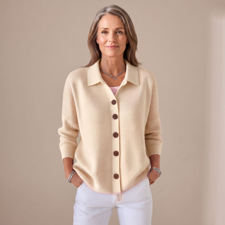 Women's Relaxed-Fit Button-Front Collared Knit Cardigan - Apricot