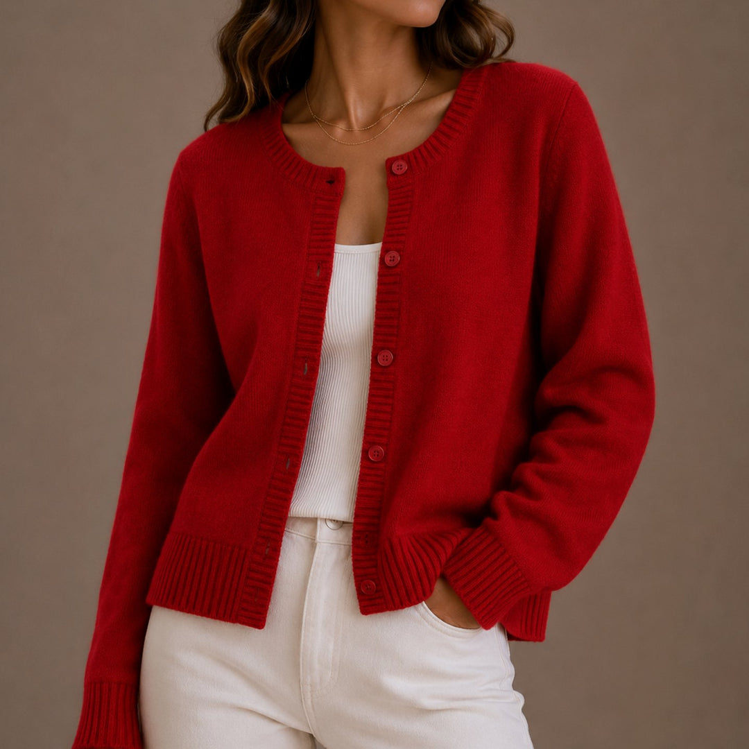 Women's Relaxed-Fit Button-Up Round Neck Knit Cardigans - Red