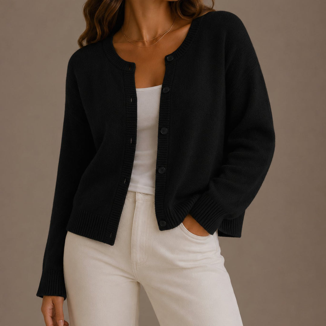 Women's Relaxed-Fit Button-Up Round Neck Knit Cardigans - Black