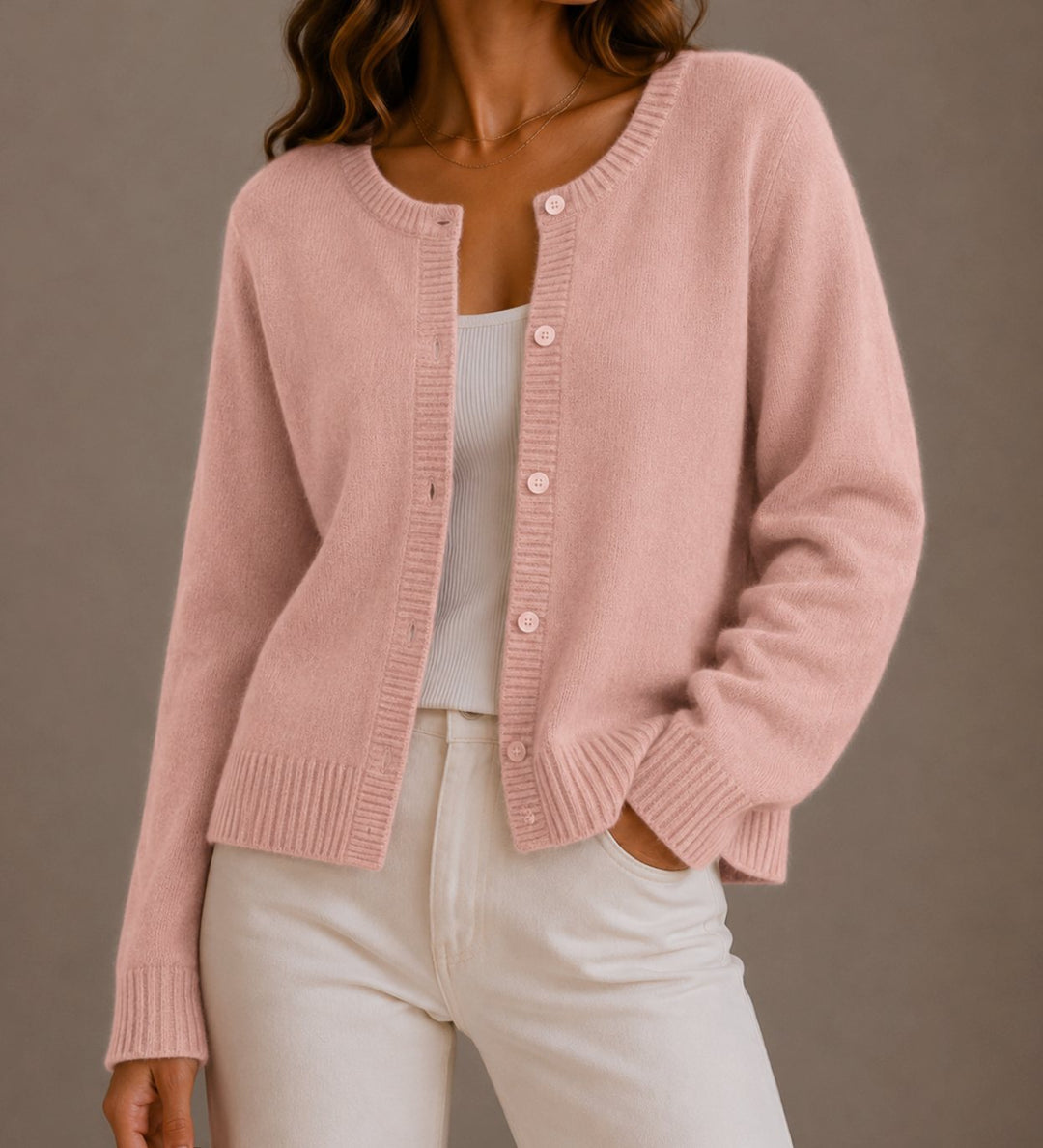 Women's Relaxed-Fit Button-Up Round Neck Knit Cardigans - Pink