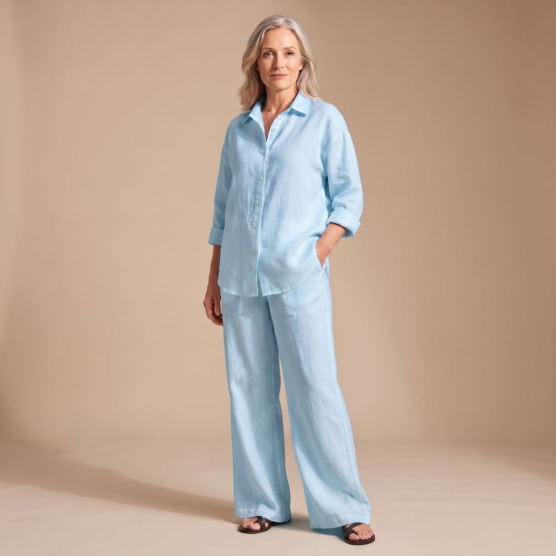 Women's Relaxed-Fit Button-Up Shirt Wide-Leg Pants Two Piece Set - Blue