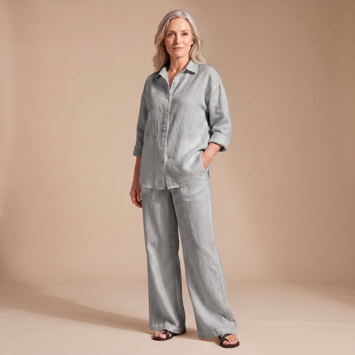 Women's Relaxed-Fit Button-Up Shirt Wide-Leg Pants Two Piece Set - Gray