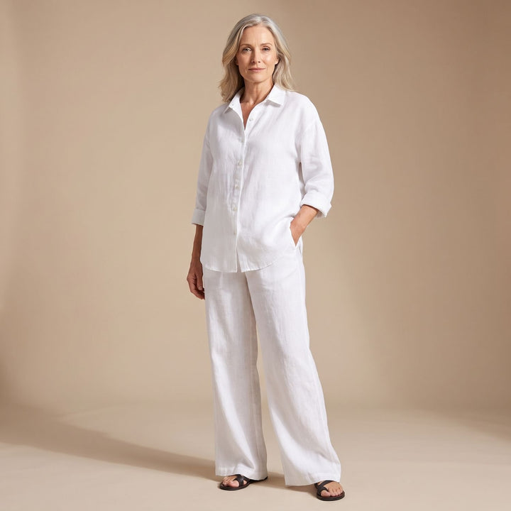 Women's Relaxed-Fit Button-Up Shirt Wide-Leg Pants Two Piece Set - White