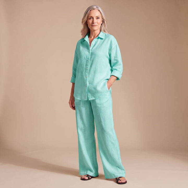 Women's Relaxed-Fit Button-Up Shirt Wide-Leg Pants Two Piece Set - Green