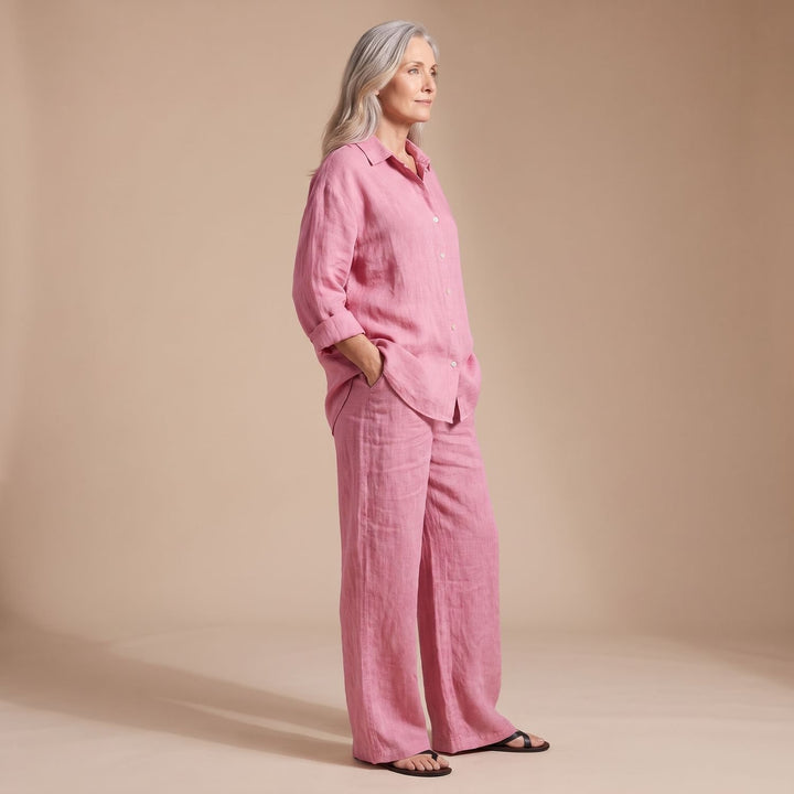 Women's Relaxed-Fit Button-Up Shirt Wide-Leg Pants Two Piece Set - Pink
