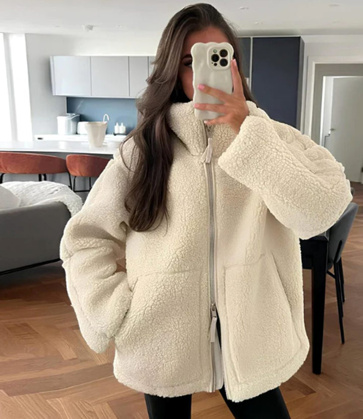 Women's Relaxed-Fit High-Neck Sherpa Zip-Up Jacket - White