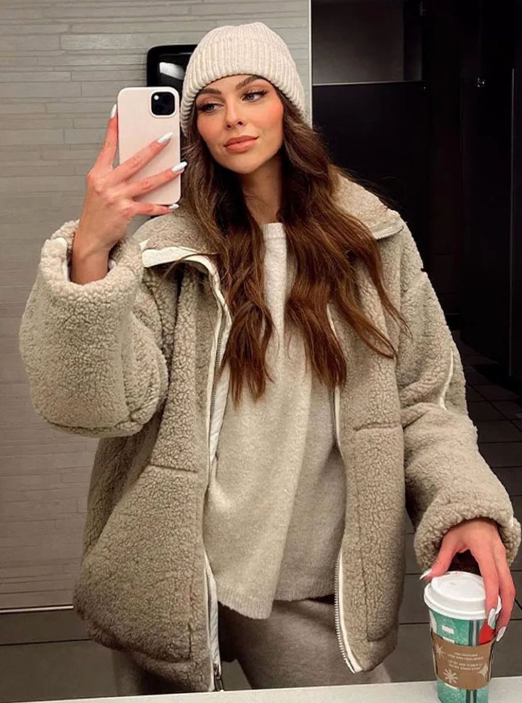 Women's Relaxed-Fit High-Neck Sherpa Zip-Up Jacket - Beige
