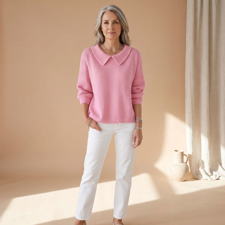 Women's Relaxed-Fit Knitted Pullover Sweater Peter Pan Collar - Pink