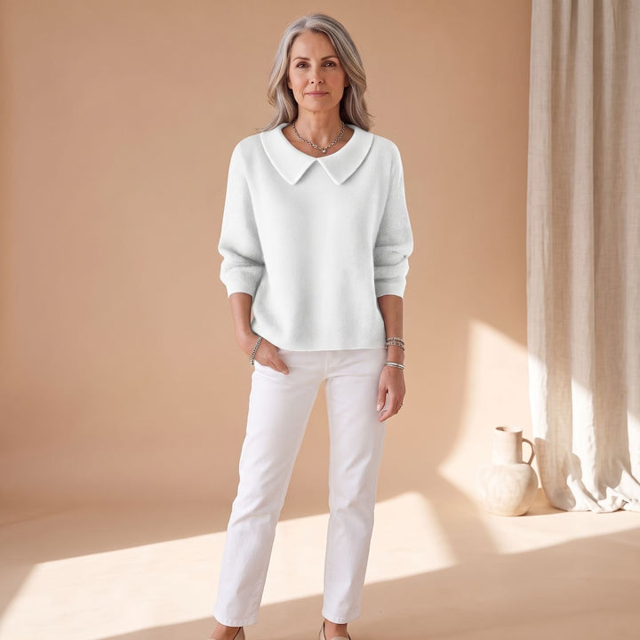 Women's Relaxed-Fit Knitted Pullover Sweater Peter Pan Collar - White