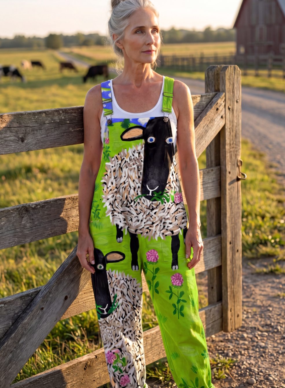 Women's Relaxed-Fit Sheep Print Wide-Leg Overalls Jumpsuit
