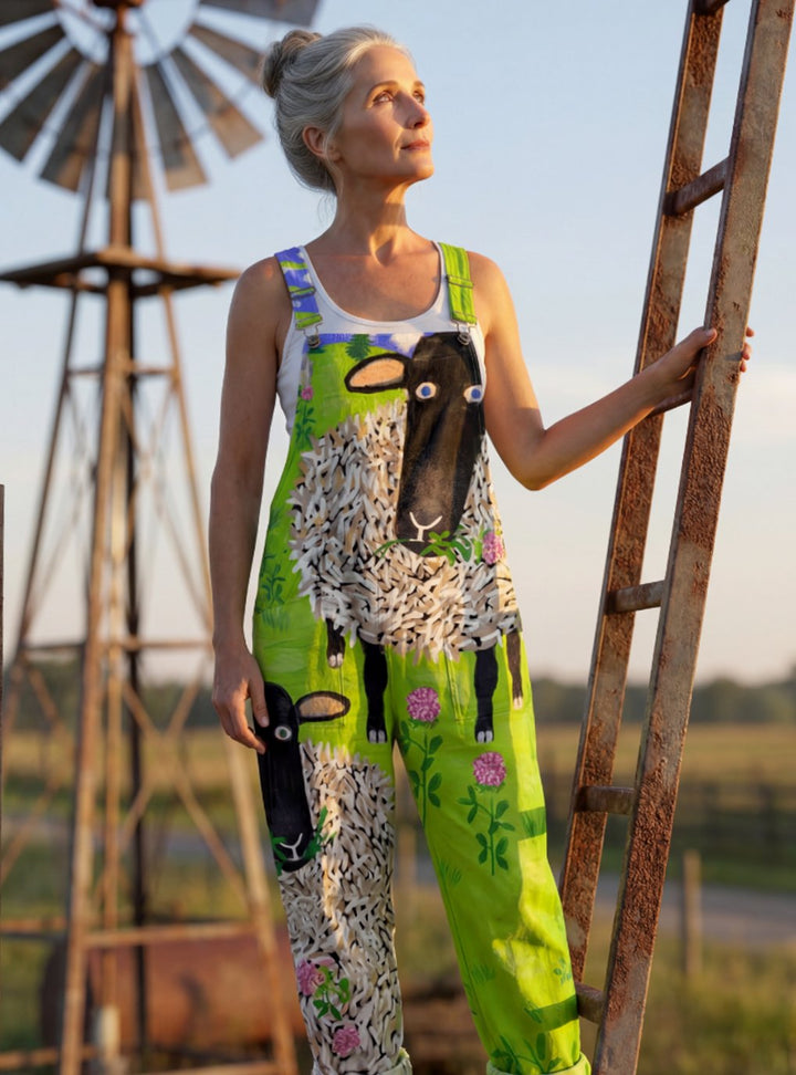 Women's Relaxed-Fit Sheep Print Wide-Leg Overalls Jumpsuit