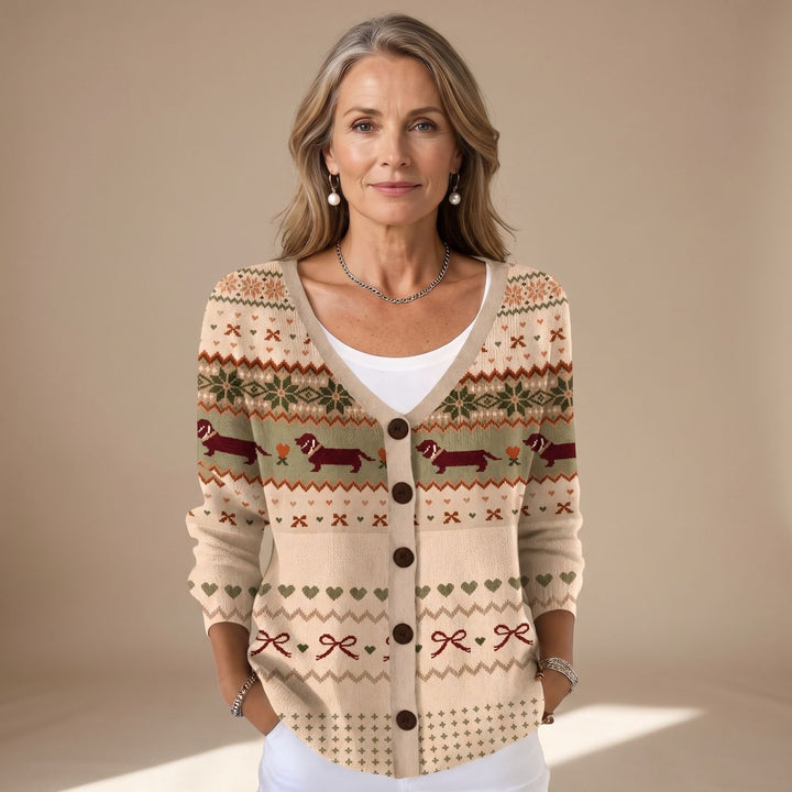 Women's Relaxed-Fit V-Neck Dog Print Button-Front Knit Cardigan - Light Khaki