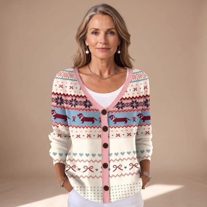Women's Relaxed-Fit V-Neck Dog Print Button-Front Knit Cardigan - Pink