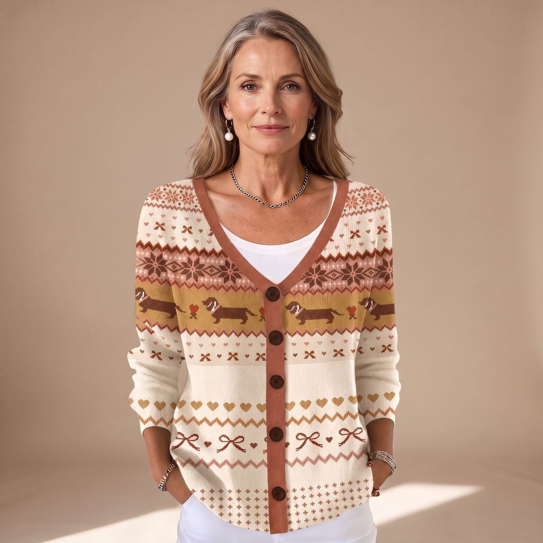 Women's Relaxed-Fit V-Neck Dog Print Button-Front Knit Cardigan - Yellow Brown