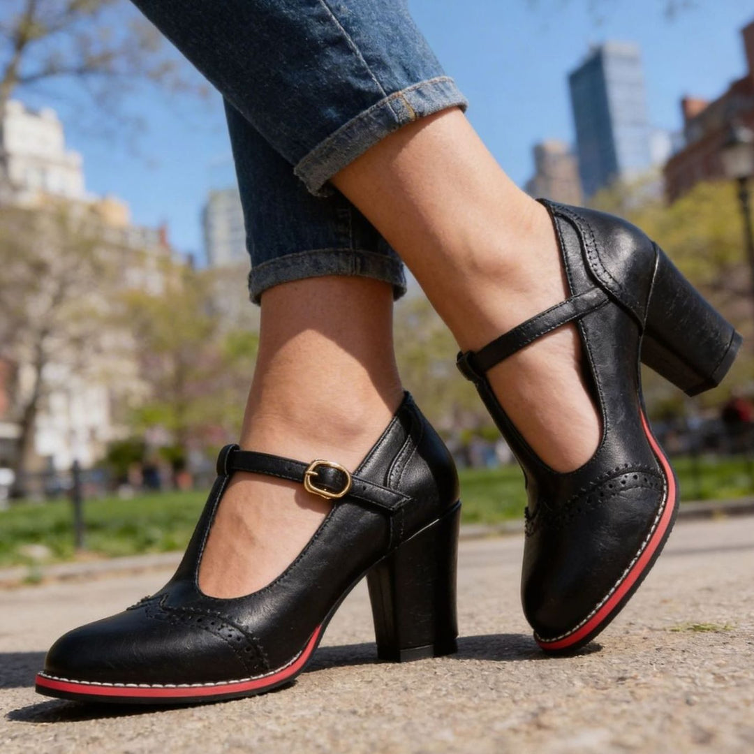 Women's Retro Brogue T-Bar Block Heel Pumps, Black - Black