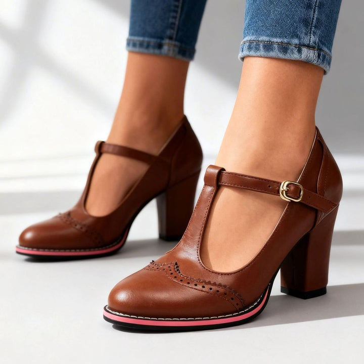 Women's Retro Brogue T-Bar Block Heel Pumps, Black - Brown