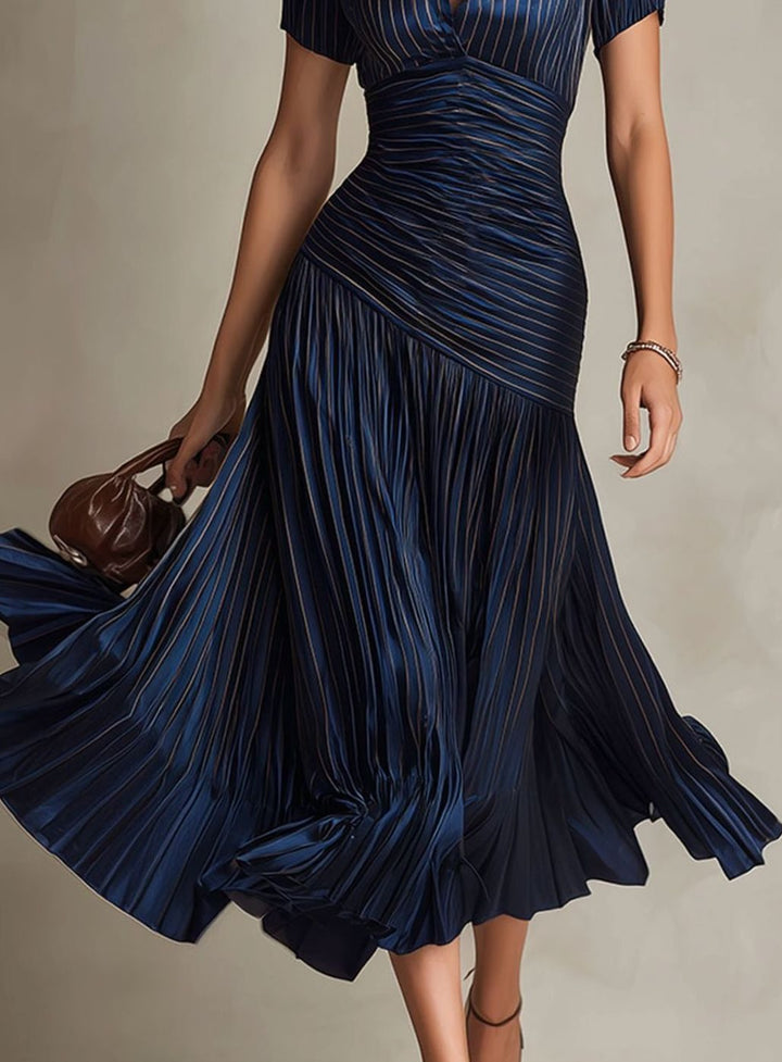 Women's Retro Striped Satin Pleated Midi Cocktail Dress