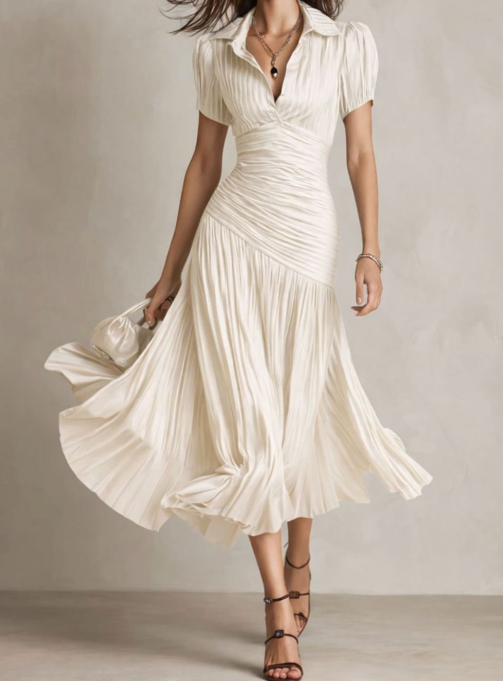 Women's Retro Striped Satin Pleated Midi Cocktail Dress - White