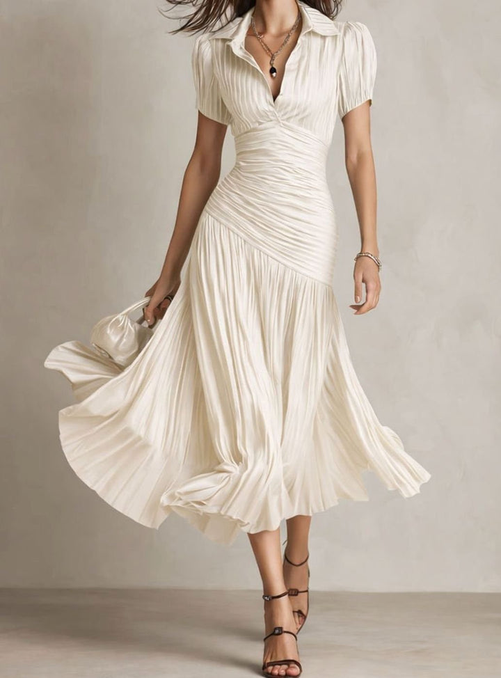 Women's Retro Striped Satin Pleated Midi Cocktail Dress - White