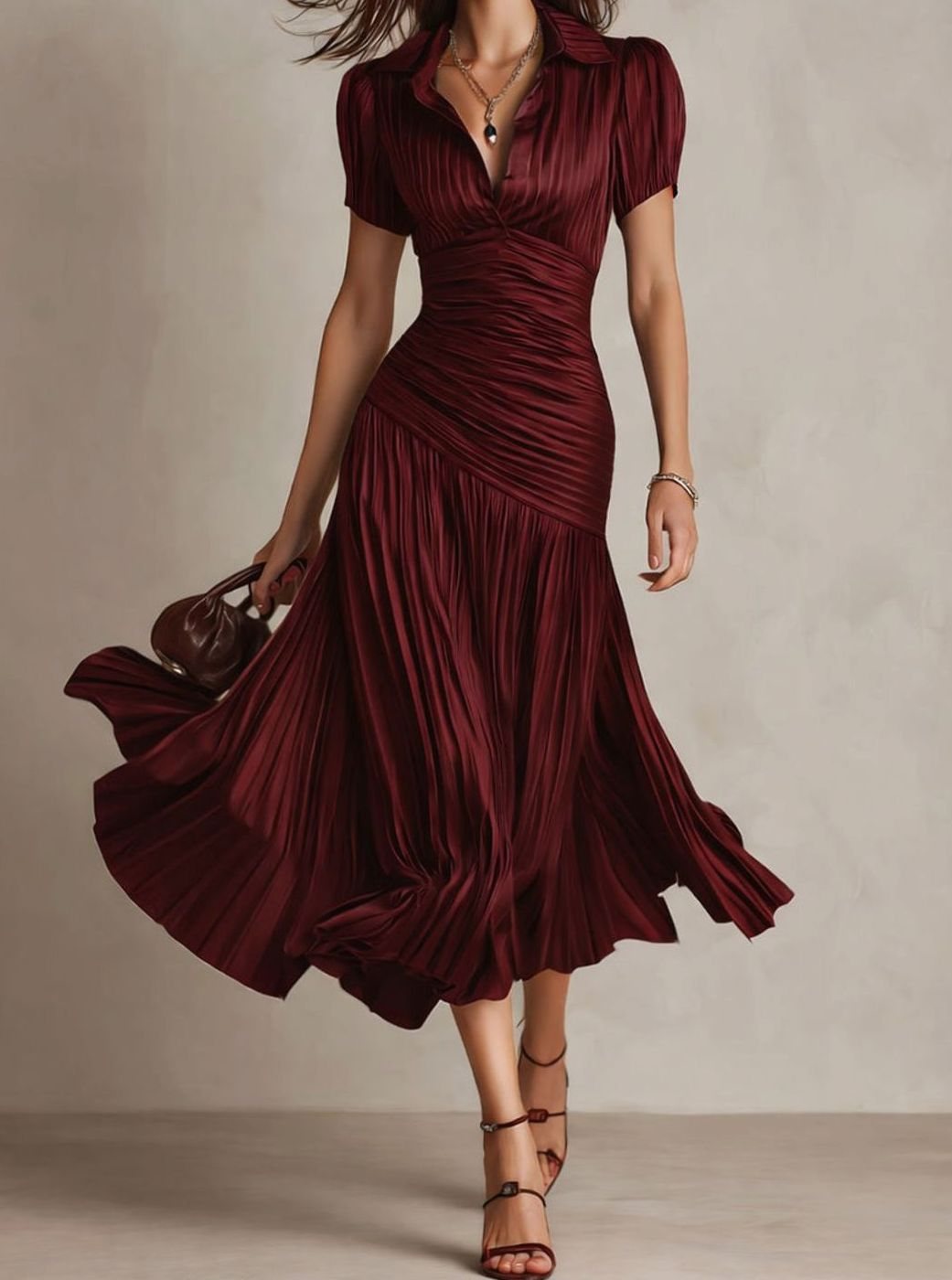Women's Retro Striped Satin Pleated Midi Cocktail Dress - Red