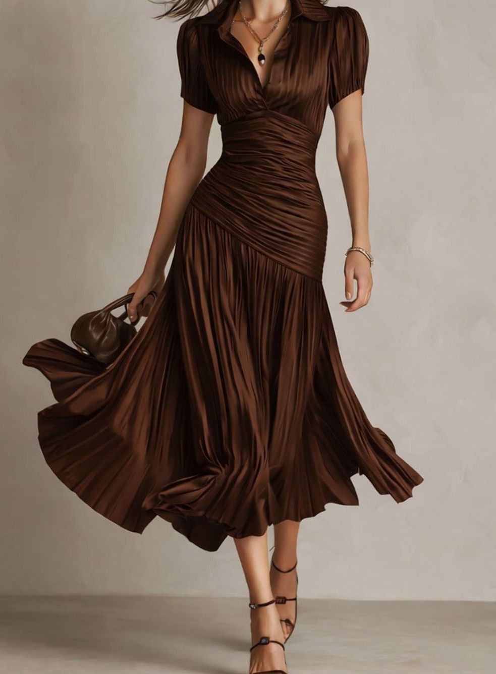 Women's Retro Striped Satin Pleated Midi Cocktail Dress - Brown