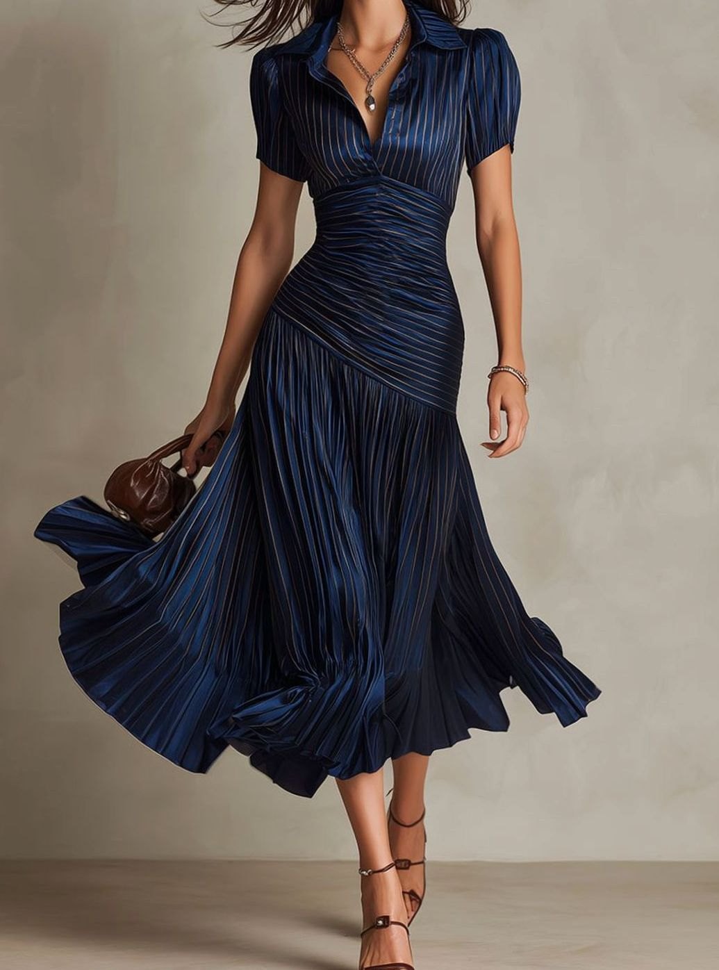 Women's Retro Striped Satin Pleated Midi Cocktail Dress