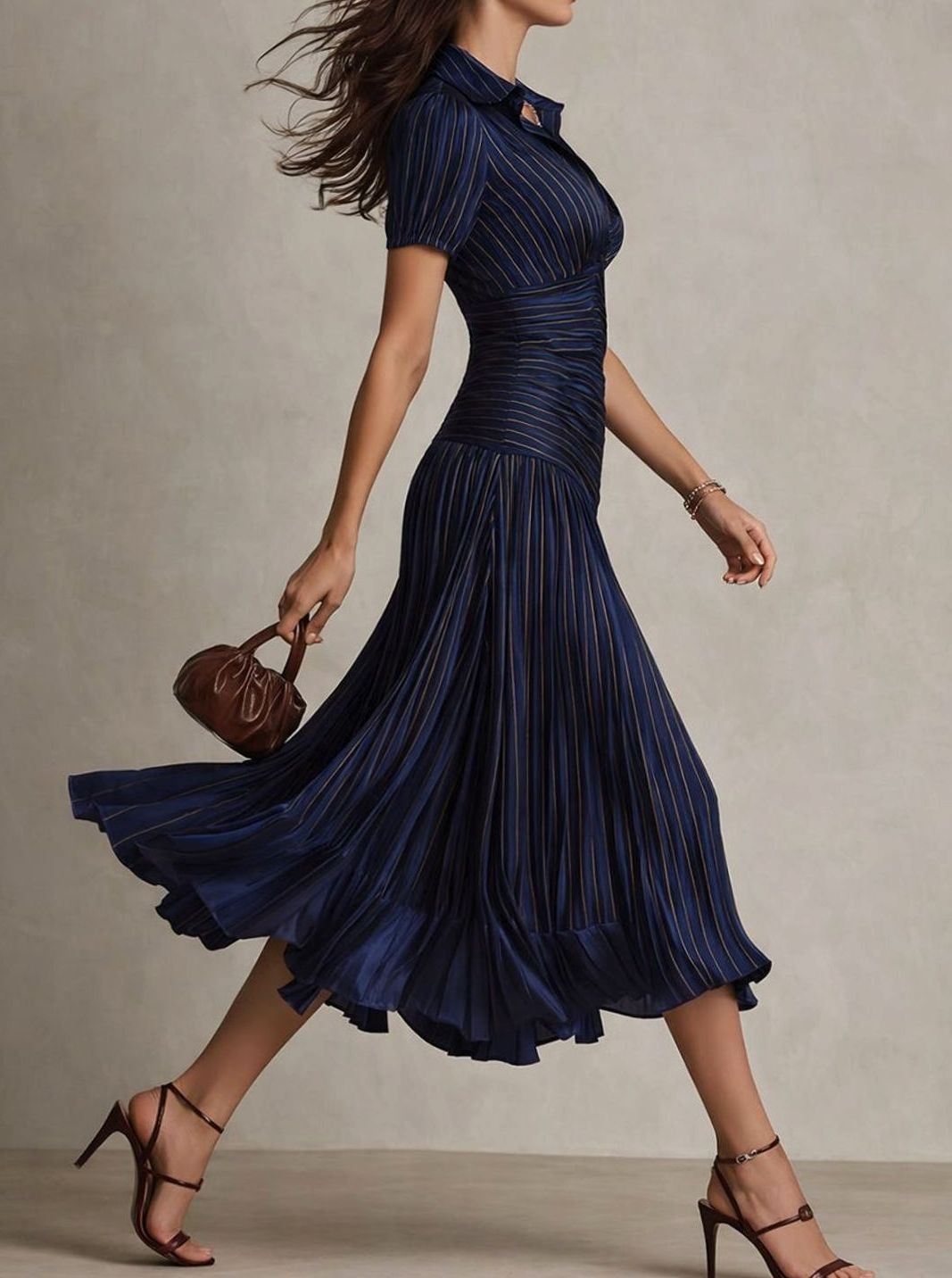 Women's Retro Striped Satin Pleated Midi Cocktail Dress