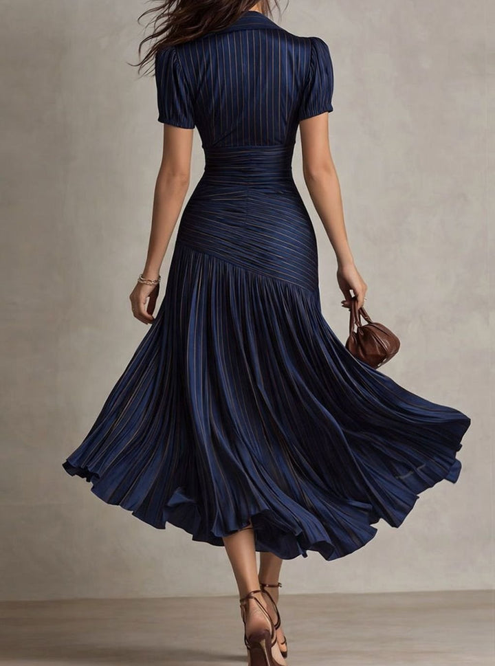 Women's Retro Striped Satin Pleated Midi Cocktail Dress