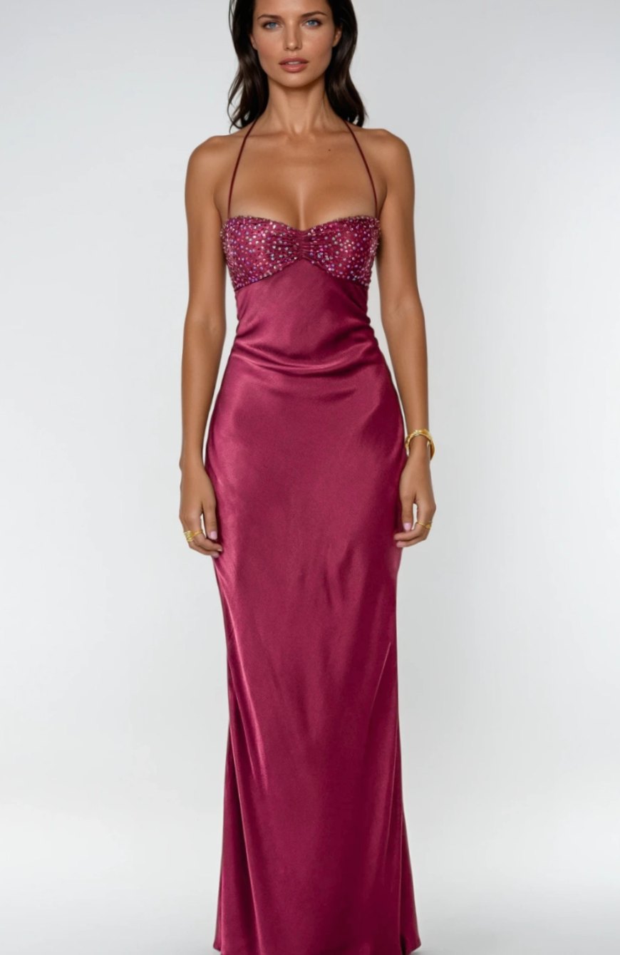 Women's Rhinestone Halter-Neck Lace-Up Satin Maxi Dress - Violet