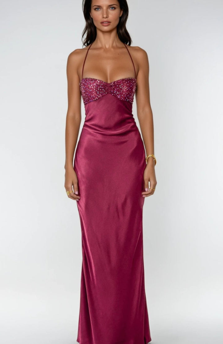 Women's Rhinestone Halter-Neck Lace-Up Satin Maxi Dress - Violet