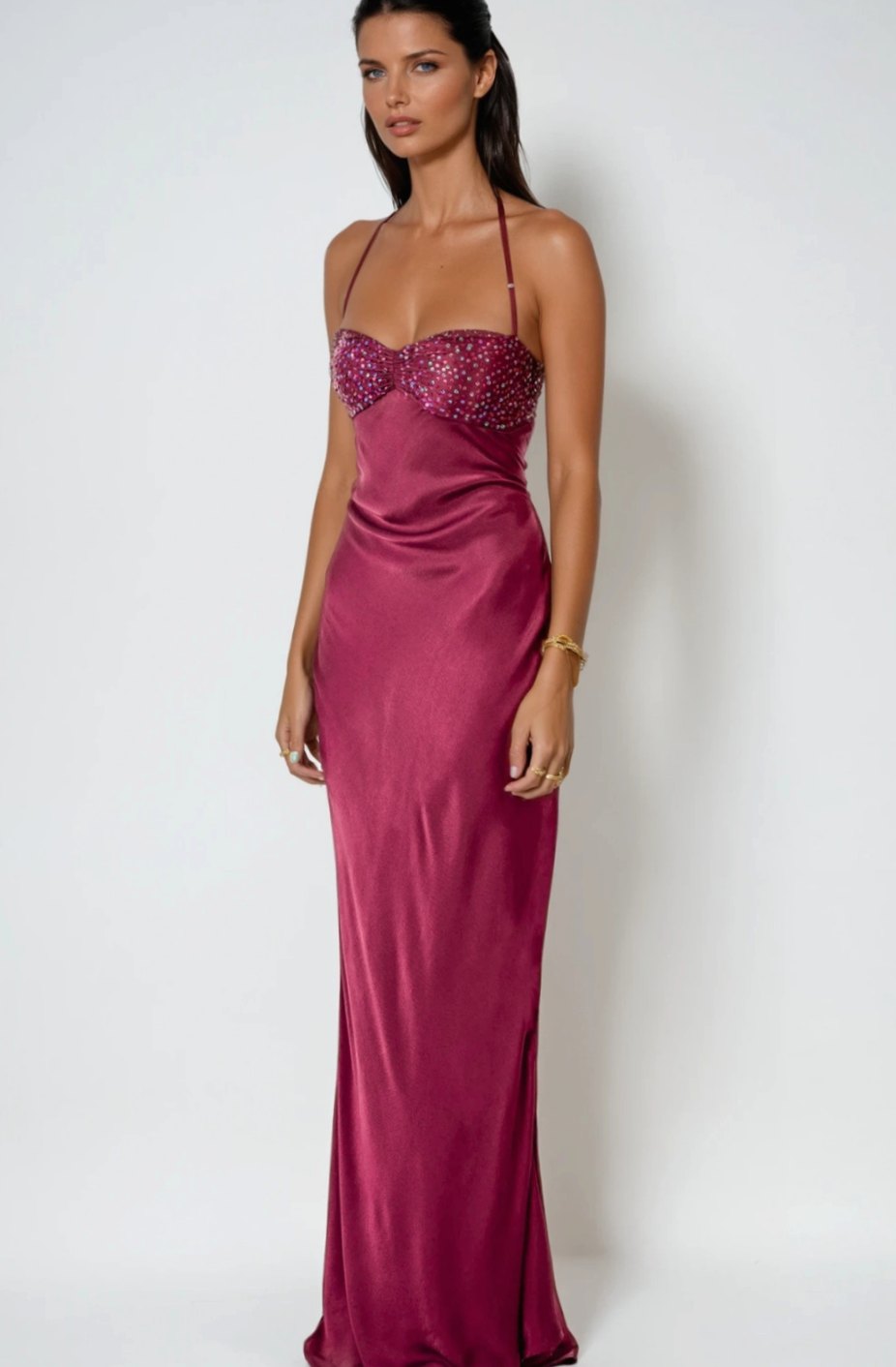Women's Rhinestone Halter-Neck Lace-Up Satin Maxi Dress