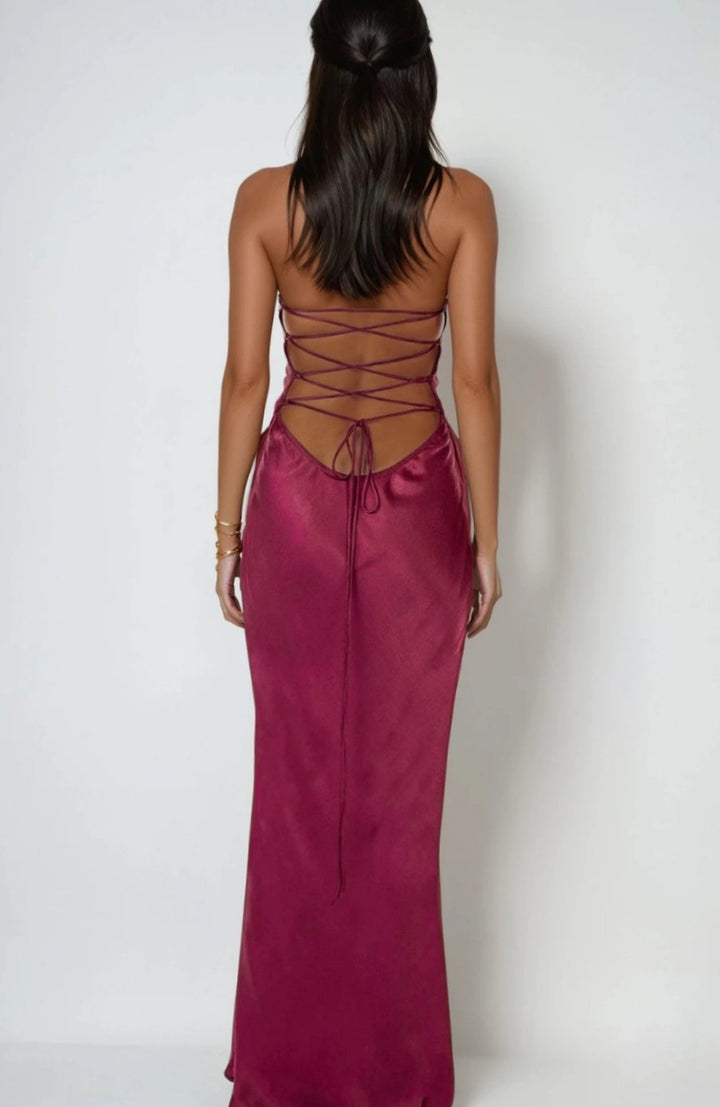 Women's Rhinestone Halter-Neck Lace-Up Satin Maxi Dress
