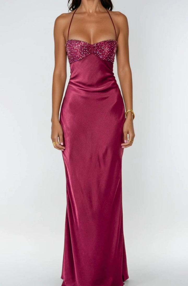 Women's Rhinestone Halter-Neck Lace-Up Satin Maxi Dress
