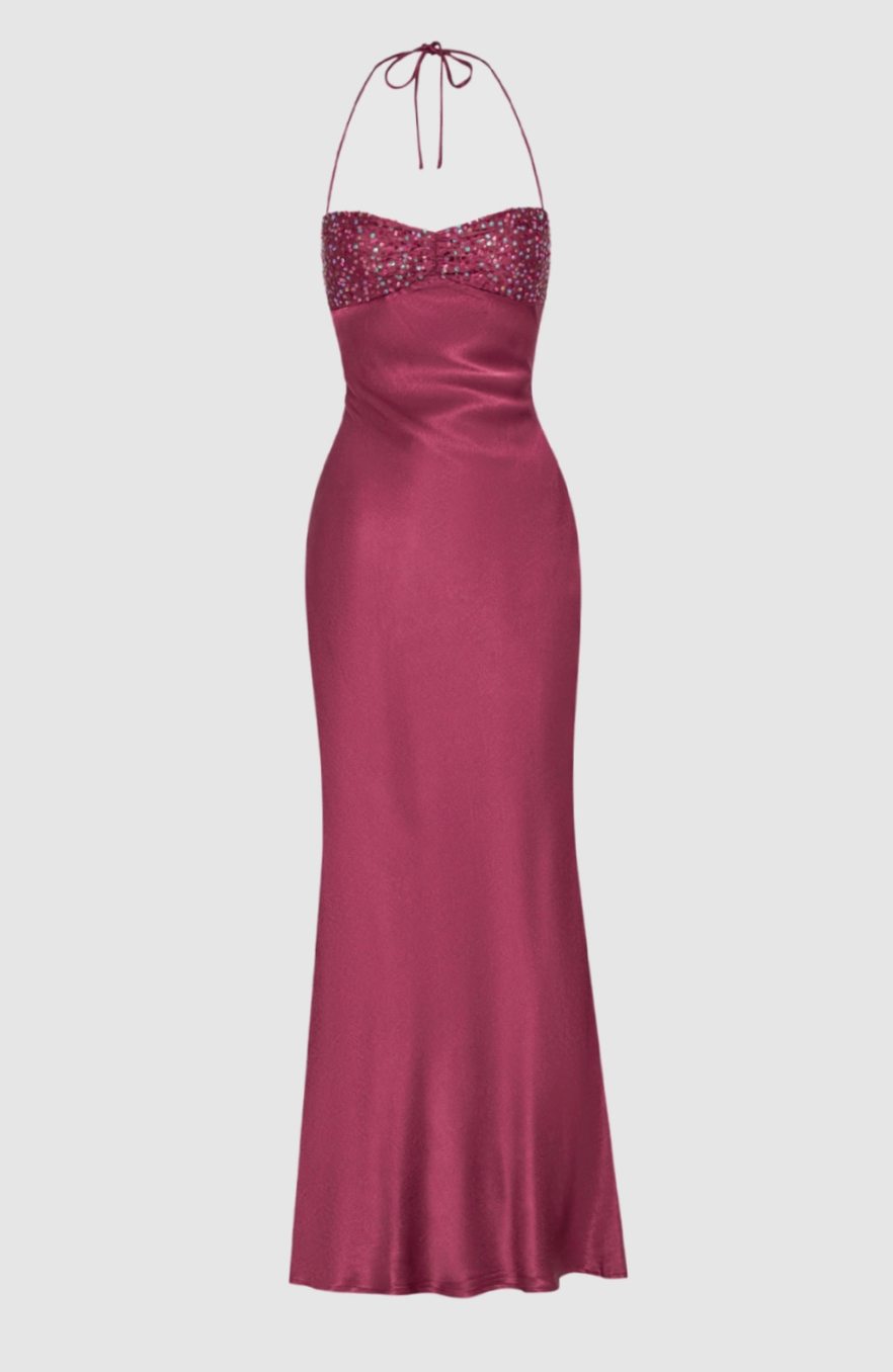 Women's Rhinestone Halter-Neck Lace-Up Satin Maxi Dress