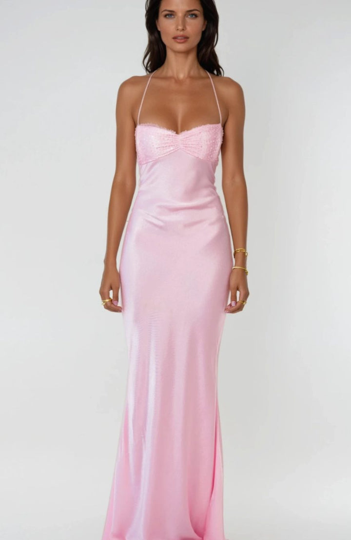 Women's Rhinestone Halter-Neck Lace-Up Satin Maxi Dress - Light Pink Rose