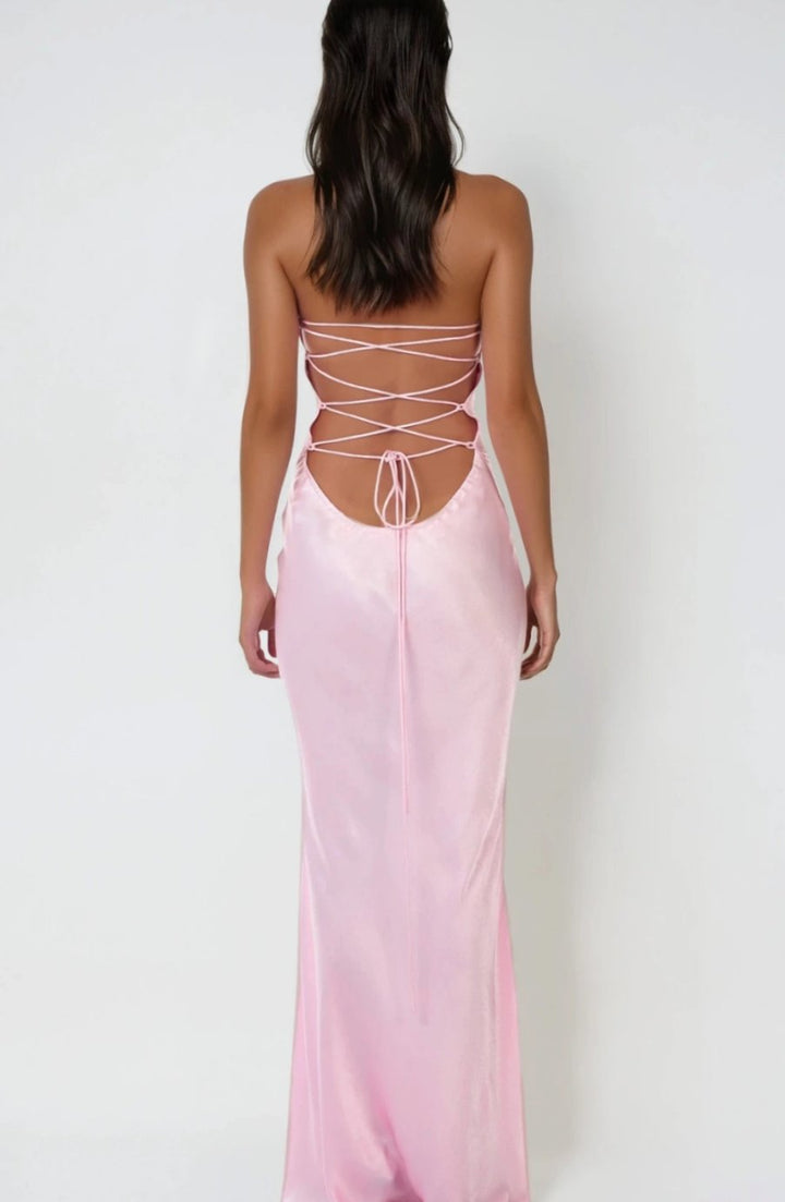 Women's Rhinestone Halter-Neck Lace-Up Satin Maxi Dress