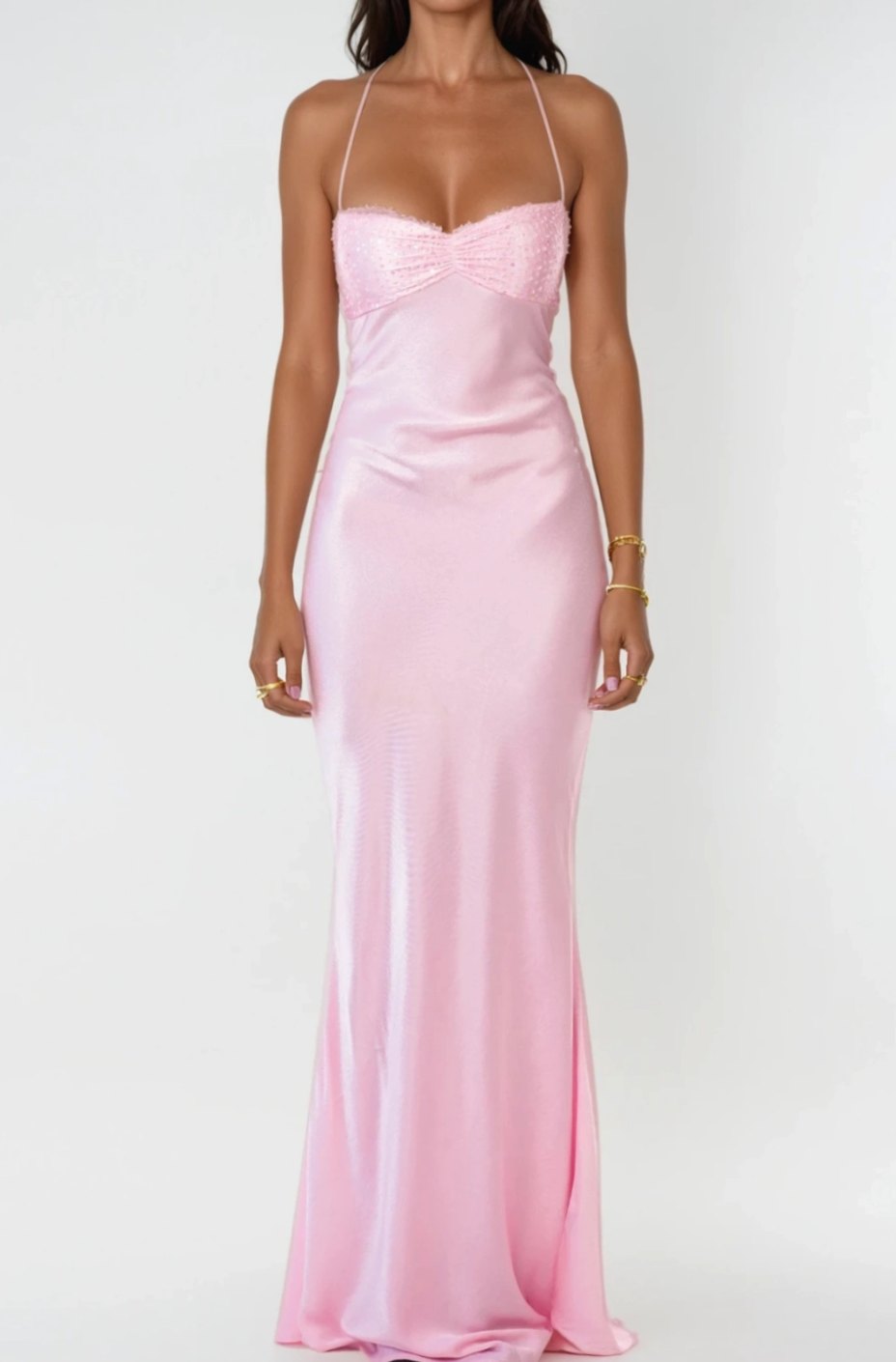Women's Rhinestone Halter-Neck Lace-Up Satin Maxi Dress