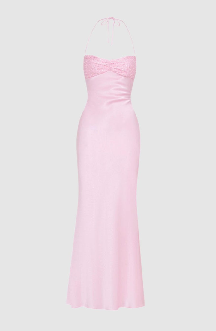 Women's Rhinestone Halter-Neck Lace-Up Satin Maxi Dress