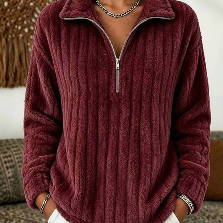 Women's Ribbed Plush Fleece Quarter-Zip Pullover Sweater - Red