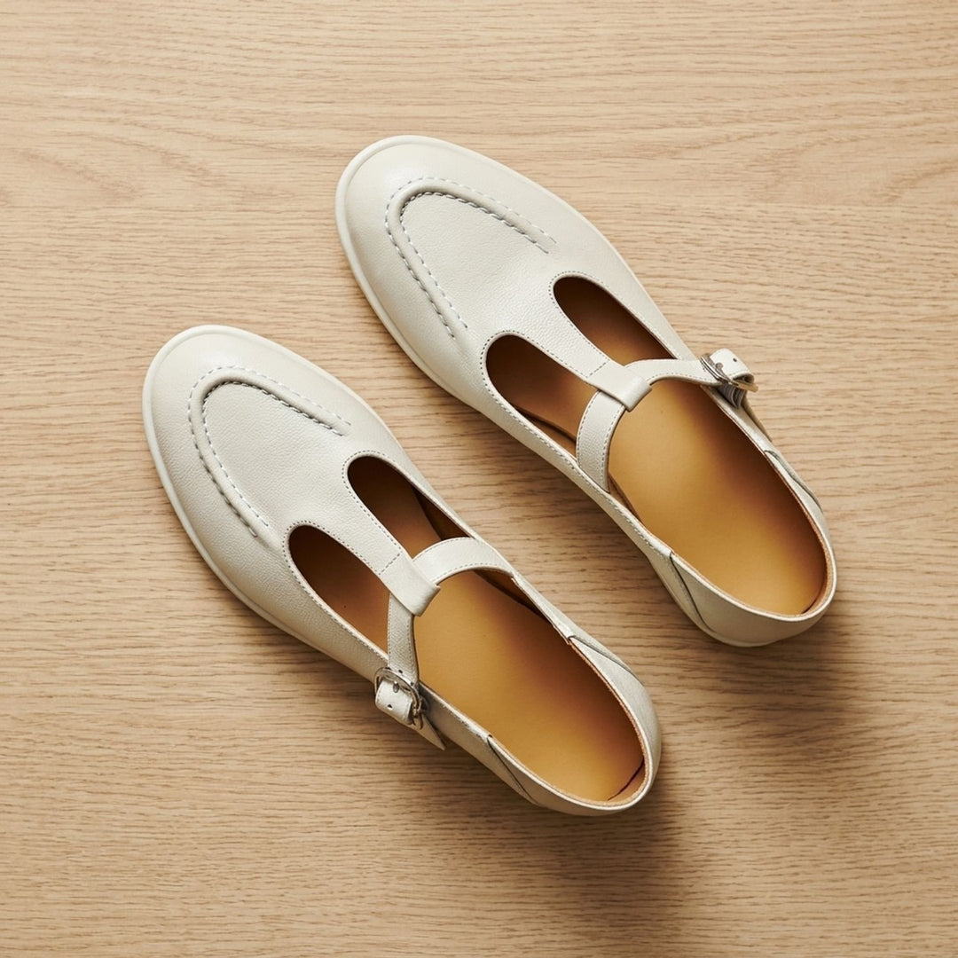 Women's Round-Toe T-Strap Buckle Mary Jane Shoes - Beige