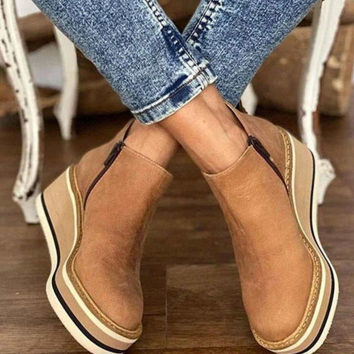 Women's Round-Toe Wedge Platform Zipper Ankle Boots