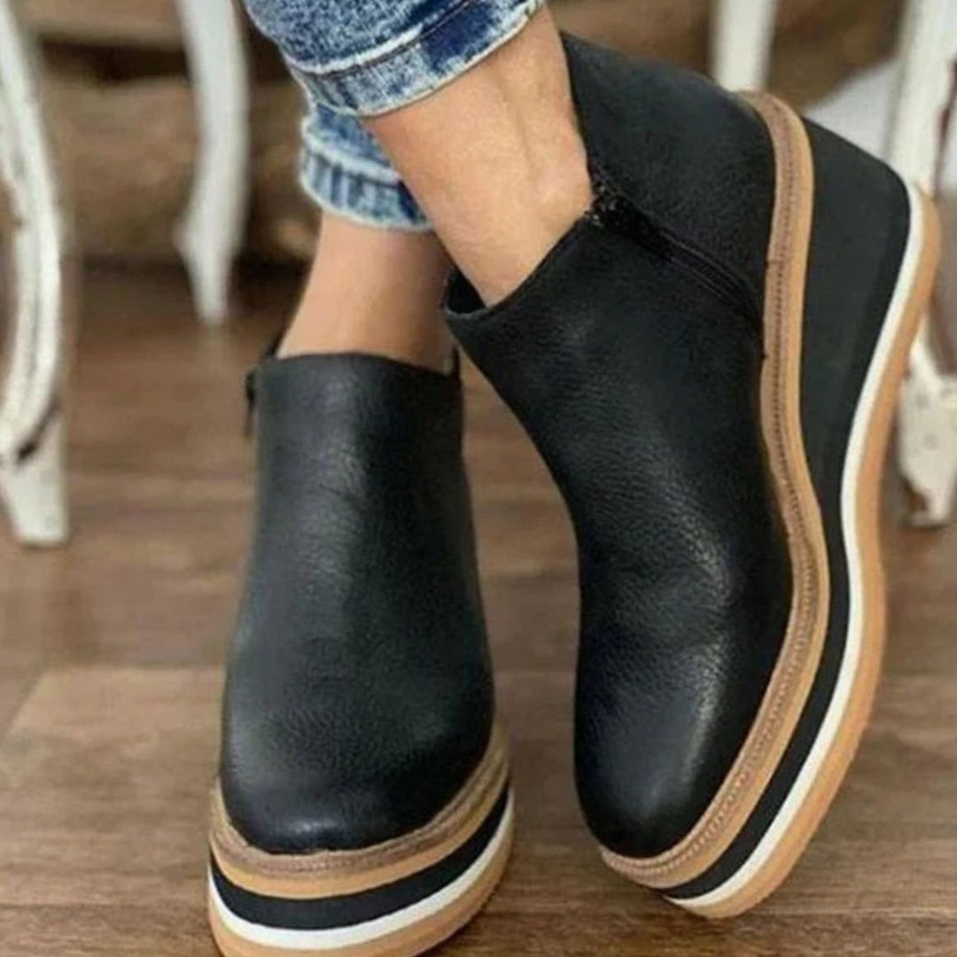 Women's Round-Toe Wedge Platform Zipper Ankle Boots - Black